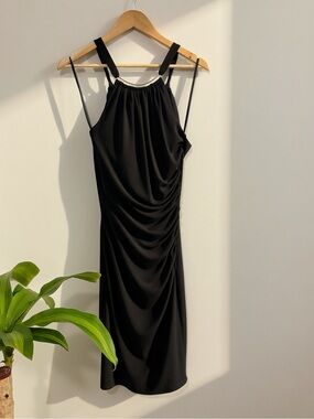 le chateau Black Ruched Midi Dress with Double Straps